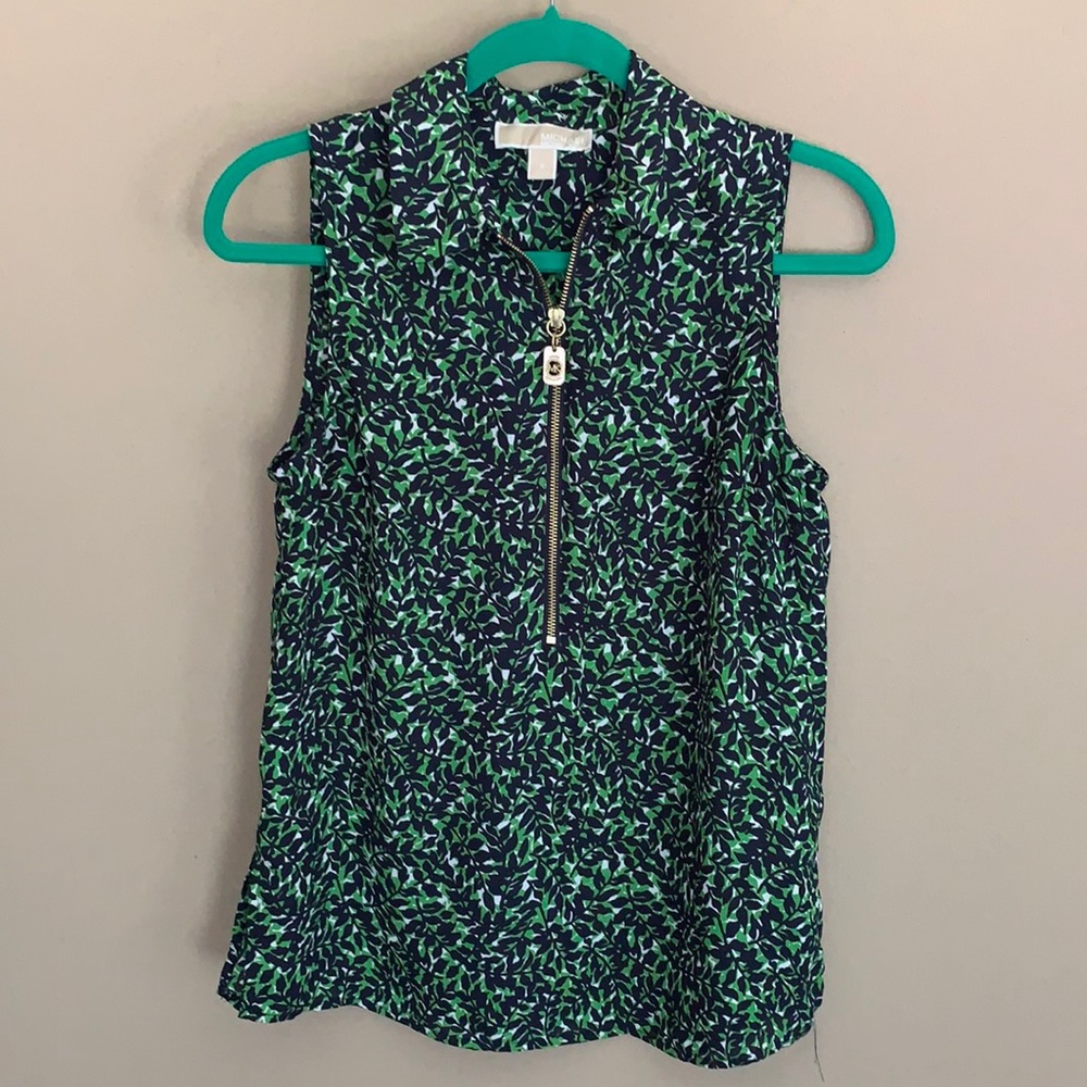 Michael Kors! Leaf detail green and navy sleeveless blouse